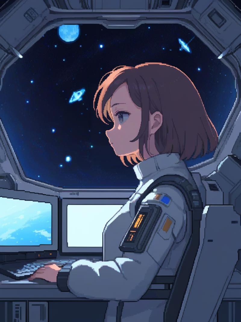 15476-3842550955-_lora_pixel style-000007_0.7_,pixel style,Imagine a brilliant and beautiful scientist aboard a space station, gazing out at the.png